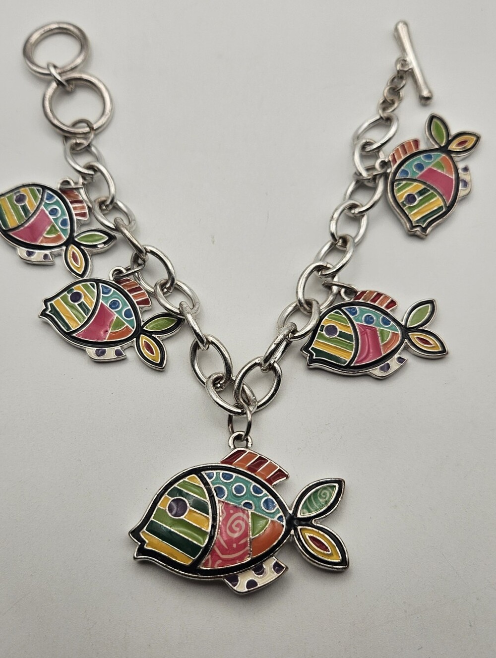 Enamel Fish Charm Bracelet Silver Tone Multi Color Tropical Nautical 7 In